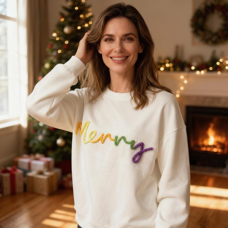 Custom Chenille Yarn Merry Christmas Sweatshirt, Personalized Family Christmas Crewneck, Cozy Unisex Holiday Sweater Gift