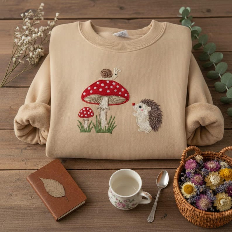 Embroidered Hedgehog Snail Mushroom Sweatshirt Cottagecore Forest Animal Shirt Cozy Fall Pullover Nature Lover Gift Woodland Aesthetic