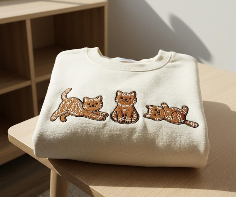 Embroidered Gingerbread Cat Sweatshirt - Christmas Cat Lover Crewneck