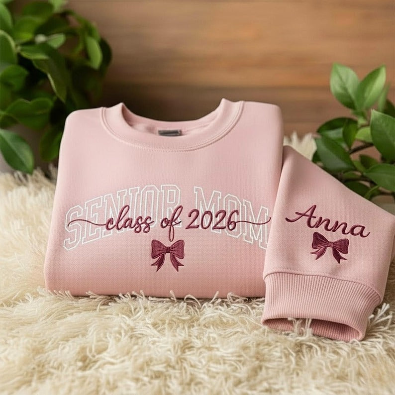 Embroidered Senior Mom Sweater Shirt, Personalized Graduation Year 2026, Custom Bow Design, Senior Class Sweater,Embroidery Sweatshirt