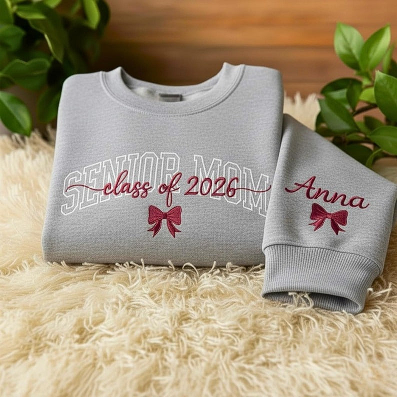 Embroidered Senior Mom Sweater Shirt, Personalized Graduation Year 2026, Custom Bow Design, Senior Class Sweater,Embroidery Sweatshirt