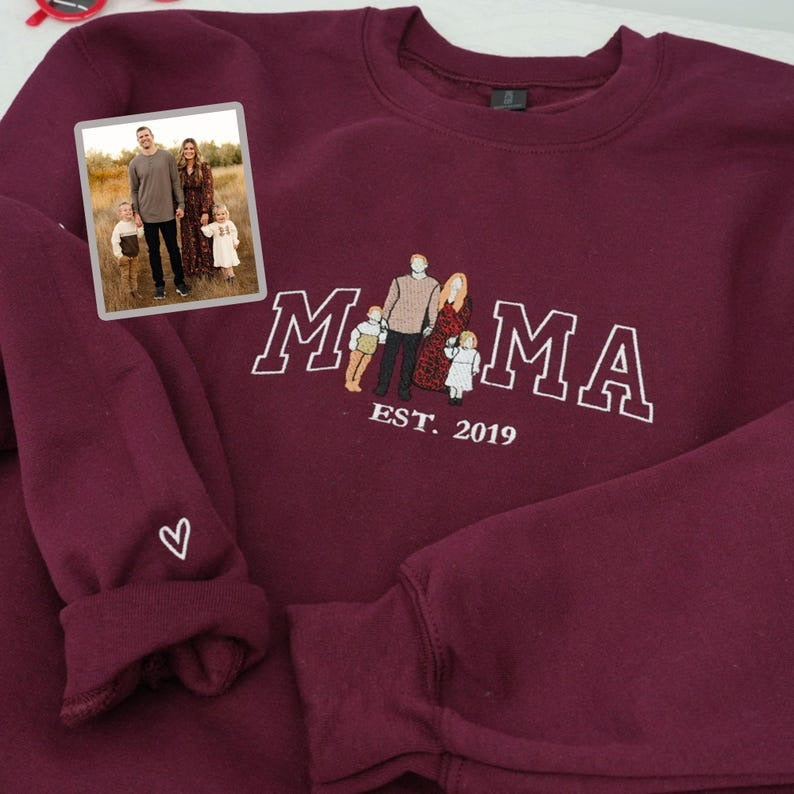 Mama Sweatshirt with Photo, Custom Embroidered Hoodie Mama and Kids Portrait, Varsity Shirt, Custom Embroidery Shirt For Mom Mama Mommy