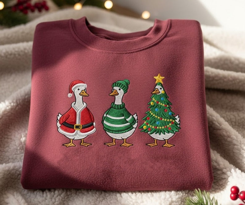 Embroidered Christmas Duck Sweatshirt, Funny Holiday Crewneck