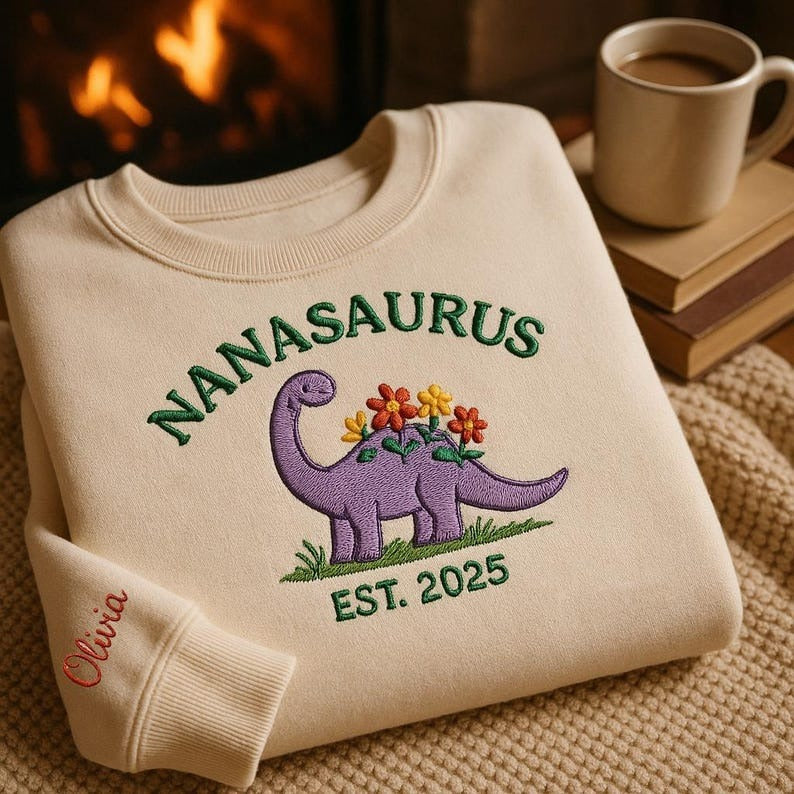 Embroidered Nana Saurus Dinosaur Sweatshirt, Custom Mom EST, Funny Mama Shirt, Personalized Mom Gift, Dinosaur Mom,Birthday Gift New Mom