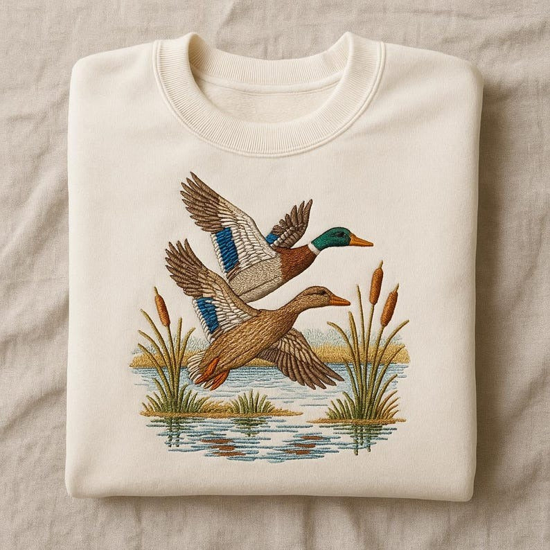 Embroidered Mallard Duck Sweatshirt, Flying Ducks Hoodie, Nature Waterfowl Bird Sweater, Outdoors Hunter Gift, Wildlife Art