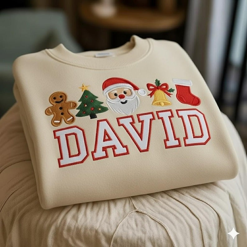 Personalized Christmas Embroidered Sweatshirt, Kids Christmas Shirt, Custom Name Santa Sweatshirt, Family Matching Shirt, Christmas Gift
