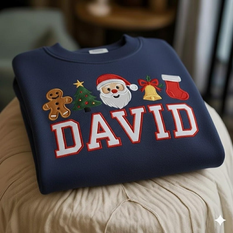 Personalized Christmas Embroidered Sweatshirt, Kids Christmas Shirt, Custom Name Santa Sweatshirt, Family Matching Shirt, Christmas Gift