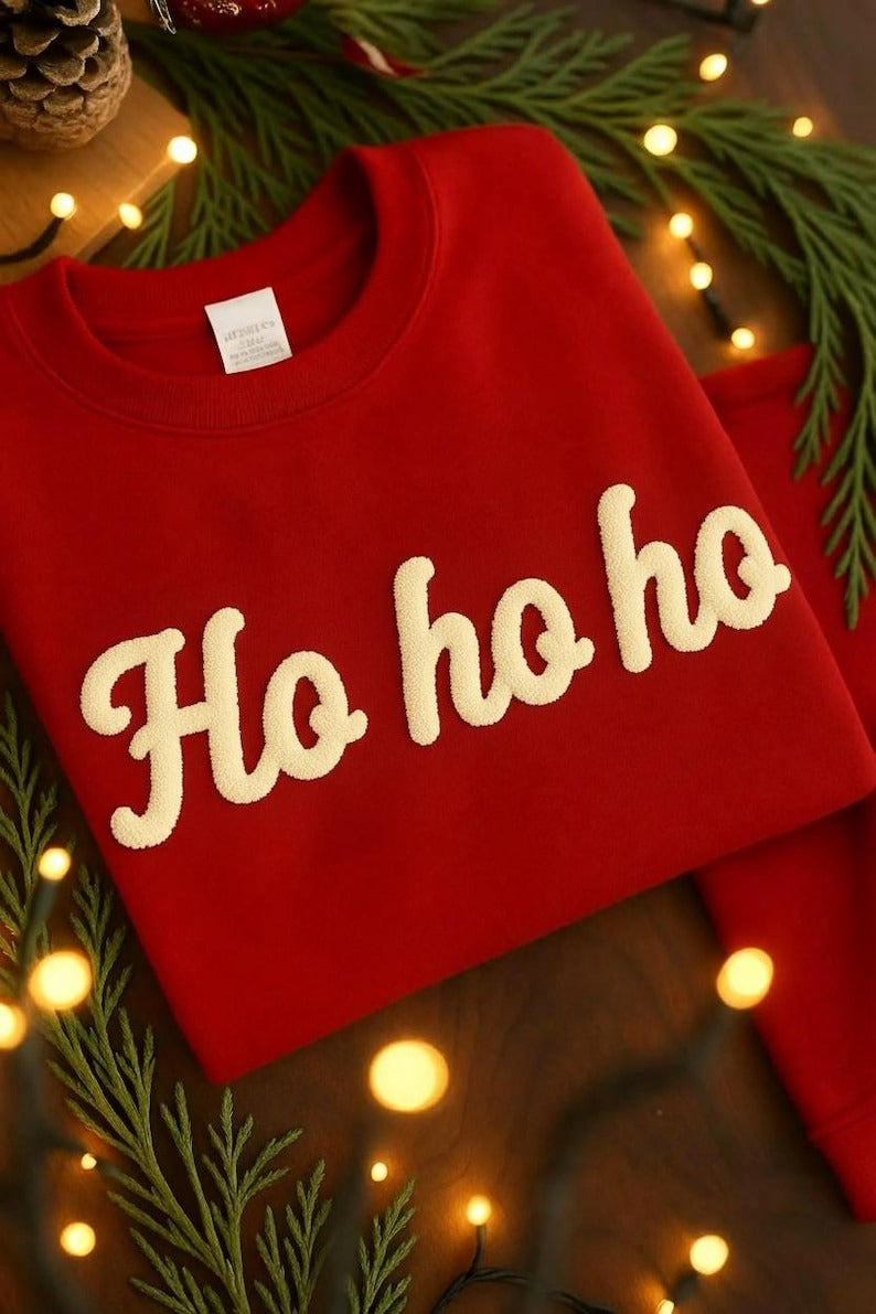 Custom Christmas Chenille Yarn Embroidered Sweatshirt, Cozy Women’s Holiday Crewneck, Festive Chenille Yarn Xmas Gift for Her, Ho ho ho Xmas