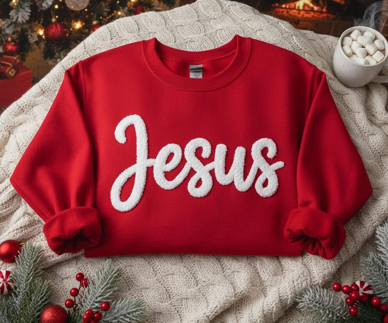 Jesus Christmas Sweatshirt, Custom Embroidered Chenille Yarn Sweatshirt, Trending Christmas Gifts, Holiday Shirt