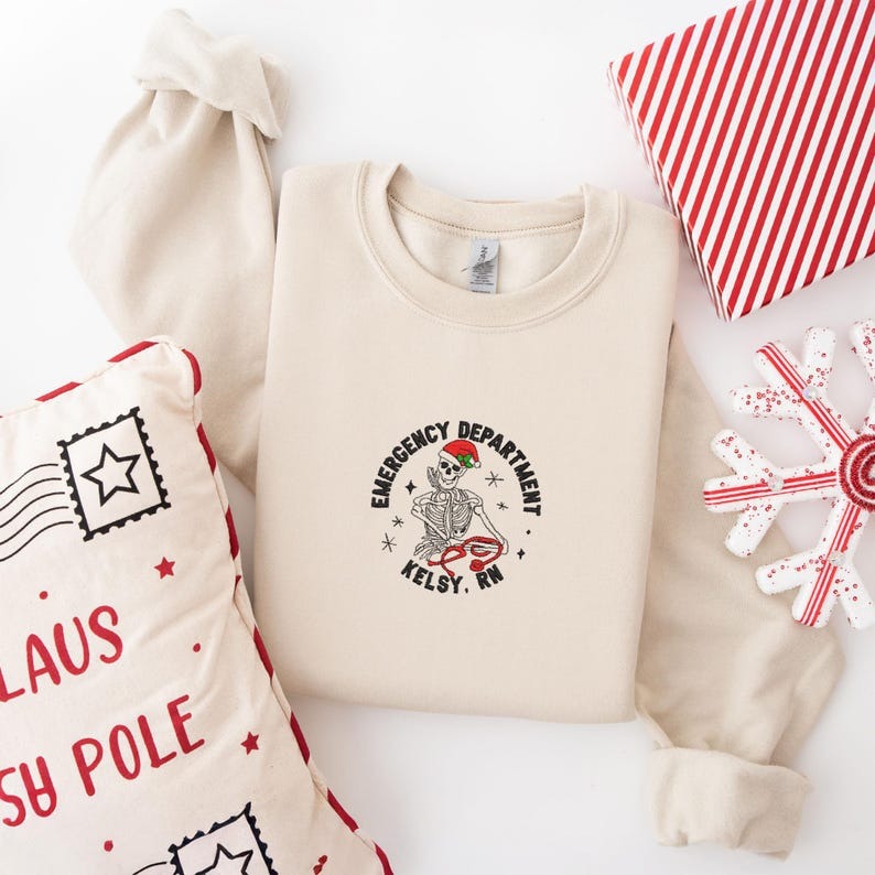 Embroidered Nurse Skeleton Sweatshirt, Embroidery Emergency Department Hoodie, Merry Christmas Sweatshirt, Xmas RN Sweater, ICU Nurse Hoodie