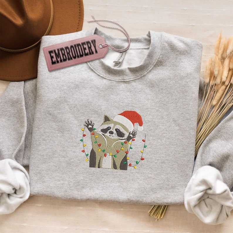 Embroidered Sweatshirt, Holiday Lights Animal Sweatshirt, Funny Christmas Raccoon Hoodie, Xmas Party Hoodie, Feral Raccoon Sweatshirt