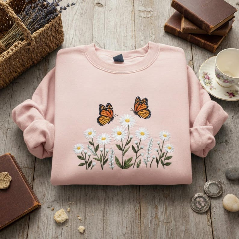 Embroidered Monarch Butterfly And Daisy Sweatshirt – Cottagecore Floral Nature Lover Garden Aesthetic Crewneck