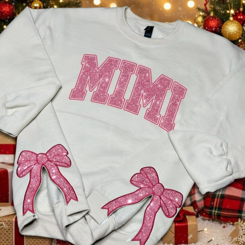 MIMI Side Bow Embroidered Sweatshirt, christmas side bow, Side Bow Applique, christmas crewneck bows, split hem christmas, Mama bow Shirt