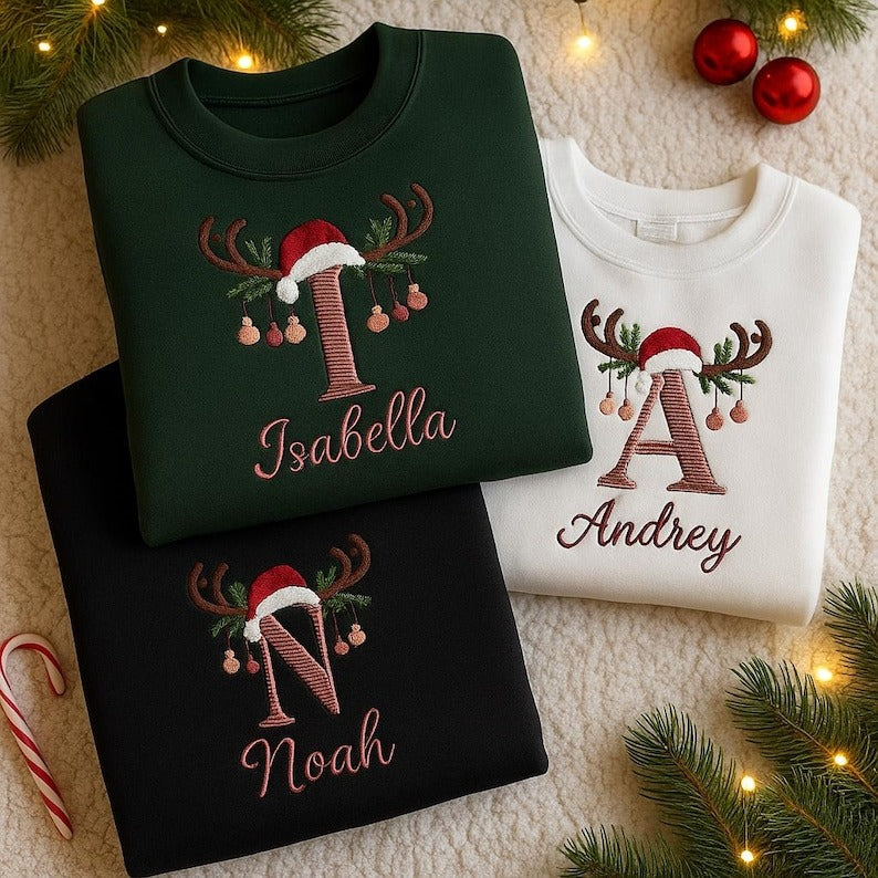 Embroidered Custom Name Letter Christmas Group Party Sweatshirt Gift For Women and Kids, Cousin Crew Christmas Crewneck With Name Family