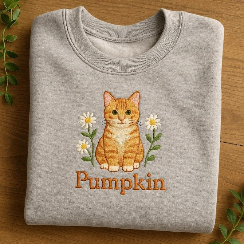 Personalized Embroidered Ginger Tabby Cat Hoodie, Custom Cat Pet Portrait Sweatshirt, Orange Cat Lover Gift, Kitty and Flowers Jumper