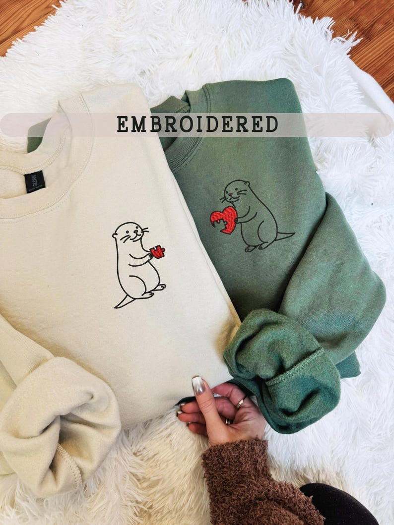 Embroidered Matching Otter Valentines Sweatshirt, Custom Cute Couples Gift, Embroidered Hoodie for Valentine's Day Celebration,