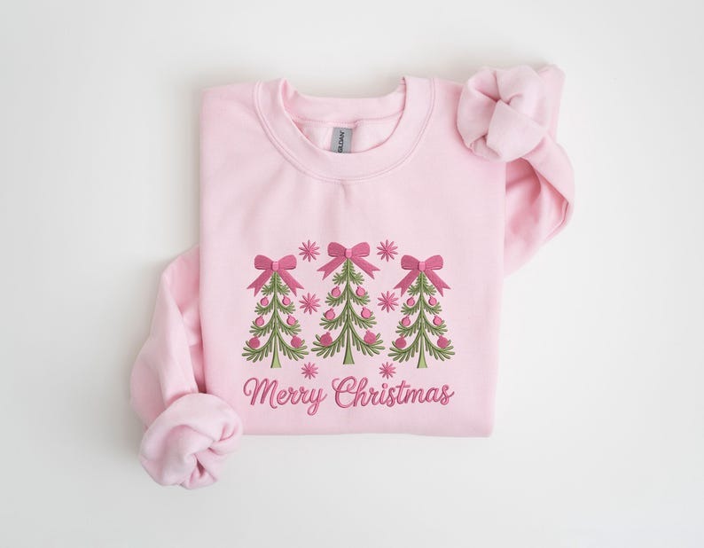 Merry Christmas Coquette Trees Embroidered Sweatshirt, Holiday Apparel, Holiday Sweatshirt, Christmas Embroidery, Christmas matching Gifts