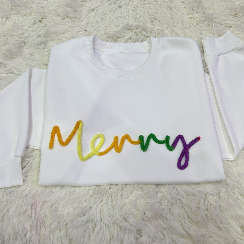 Custom Chenille Yarn Merry Christmas Sweatshirt, Personalized Family Christmas Crewneck, Cozy Unisex Holiday Sweater Gift