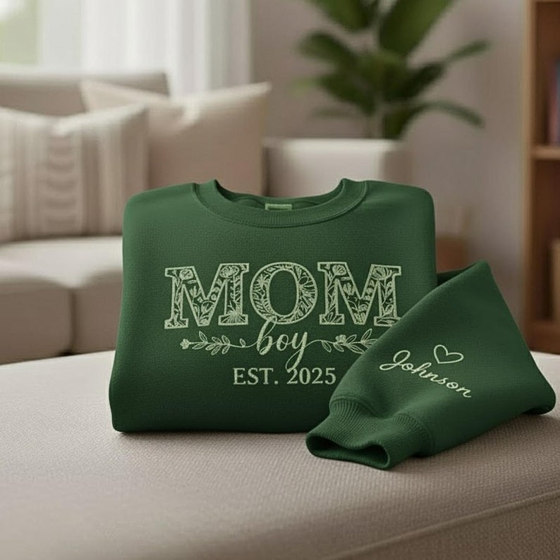 MOM Embroidery Sweatshirt, Personalized Mom Shirt, Green Sweater with Boy and EST 2023, Custom Embroidered Gift for Mom, Cute Mom Sweatshirt