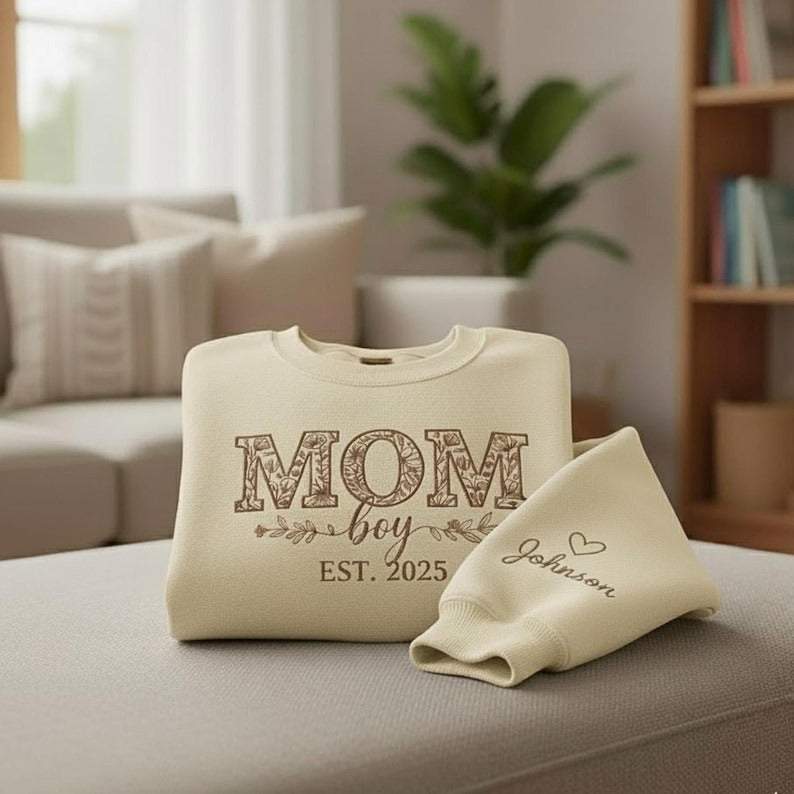 MOM Embroidery Sweatshirt, Personalized Mom Shirt, Green Sweater with Boy and EST 2023, Custom Embroidered Gift for Mom, Cute Mom Sweatshirt