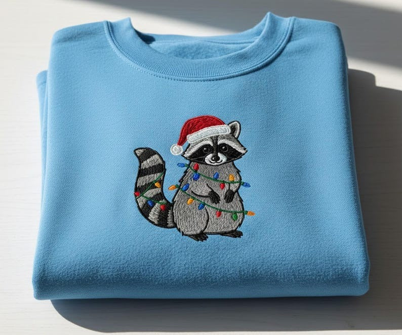 Embroidered Raccoon Christmas Sweatshirt | Santa Hat, Holiday Lights