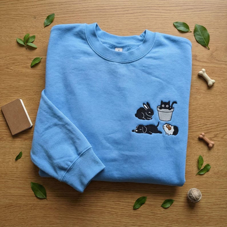Embroidered Pocket Size Animals Sweatshirt, Cat in Bucket Hoodie, Sleeping Dog Crewneck, Guinea Pig Gift, Minimalist Pet Top