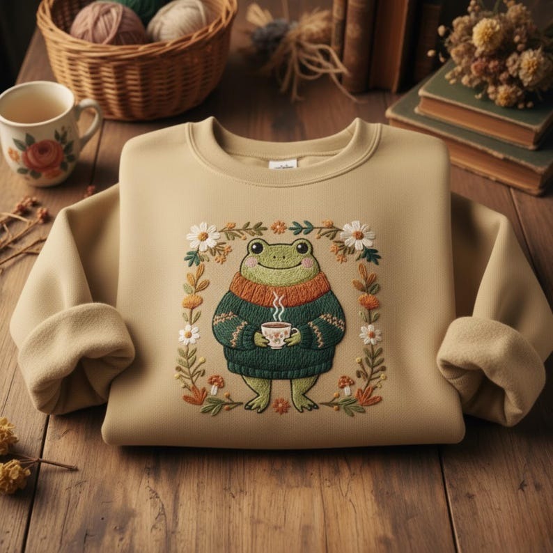 Embroidered Cozy Frog Sweatshirt – Cute Frog Drinking Tea Floral Cottagecore Nature Crewneck