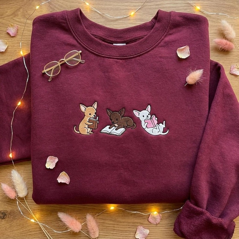 Reading Chihuahua Embroidered Sweatshirt, Cute Dog with Book Hoodie, Librarian Gift, Book Lover Crewneck, Tiny Dog Mom Top, Smart Puppy