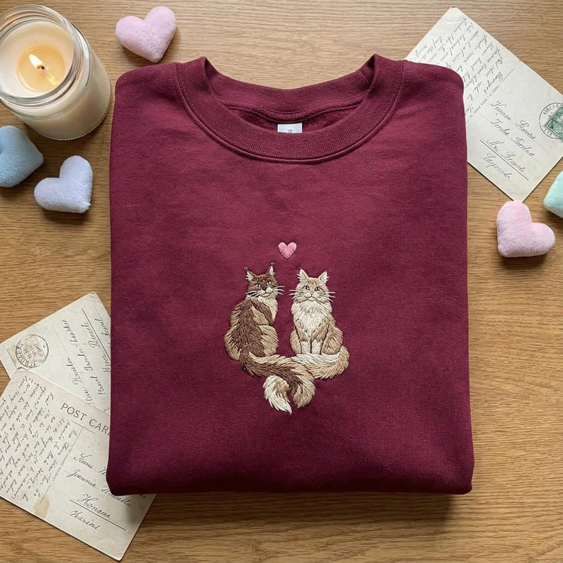 Embroidered Maine Coon Couple Sweatshirt, Fluffy Cat Love Hoodie, Valentine's Day Gift, Kissing Kittens Crewneck, Cat Mom Shirt