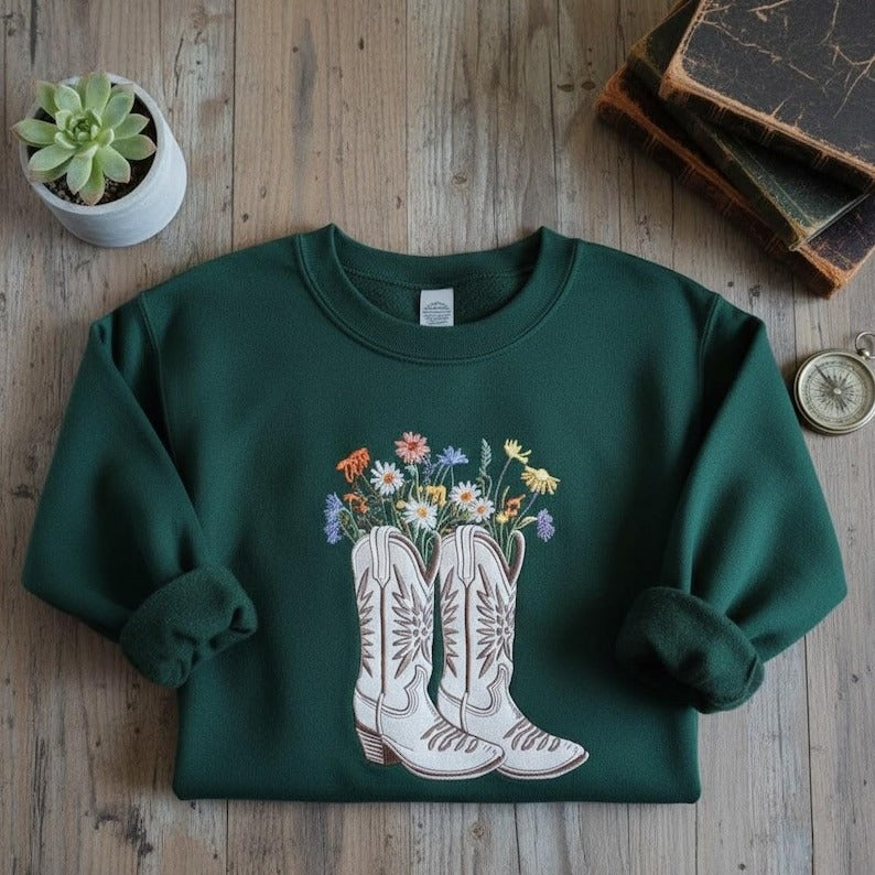 Embroidered Floral Cowboy Boots Sweatshirt, Cowgirl Western Pullover