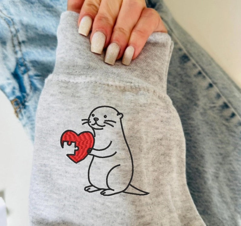 Embroidered Otter Sweatshirt, Valentines Day, Funny Couple Crewneck, Custom Embroidery On Sleeve, Couple's Shirt, Anniversary Gift