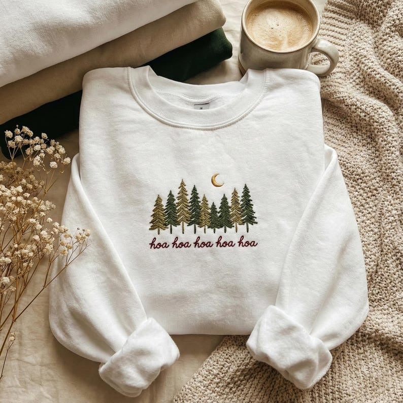 Hoa Hoa Hoa Forest Embroidered Sweatshirt, Pine Tree & Crescent Moon Twilight Inspired Fan Apparel