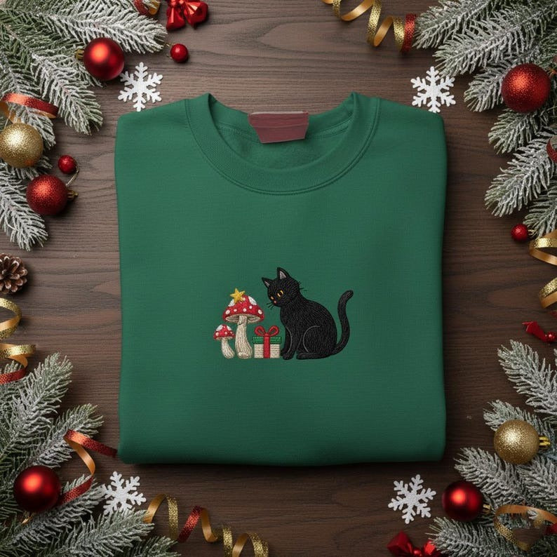Black Cat Embroidered Sweatshirt, Mushroom Christmas Fungi Shirt, Cat Lover Gift, Holiday Kitty Witchy Crewneck, Xmas Present