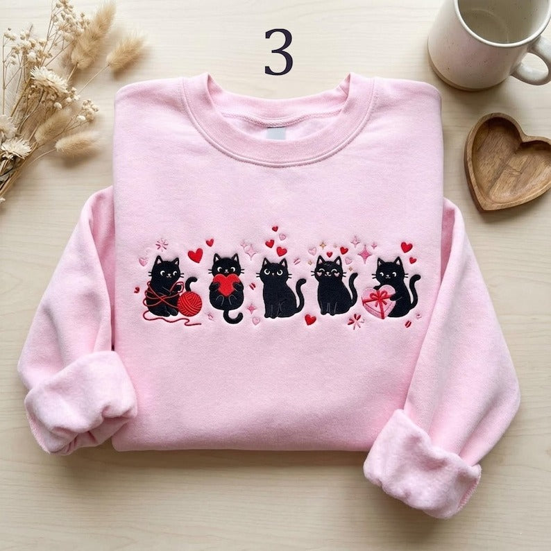 EMBROIDERED Valentine Cat Sweatshirt, Valentines Day Cat Shirt, Cat Mama Hoodie, Valentine Day Sweater, Valentines Day Meow Tee