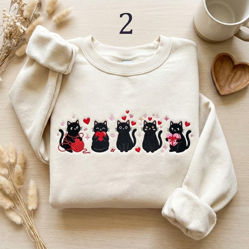 EMBROIDERED Valentine Cat Sweatshirt, Valentines Day Cat Shirt, Cat Mama Hoodie, Valentine Day Sweater, Valentines Day Meow Tee