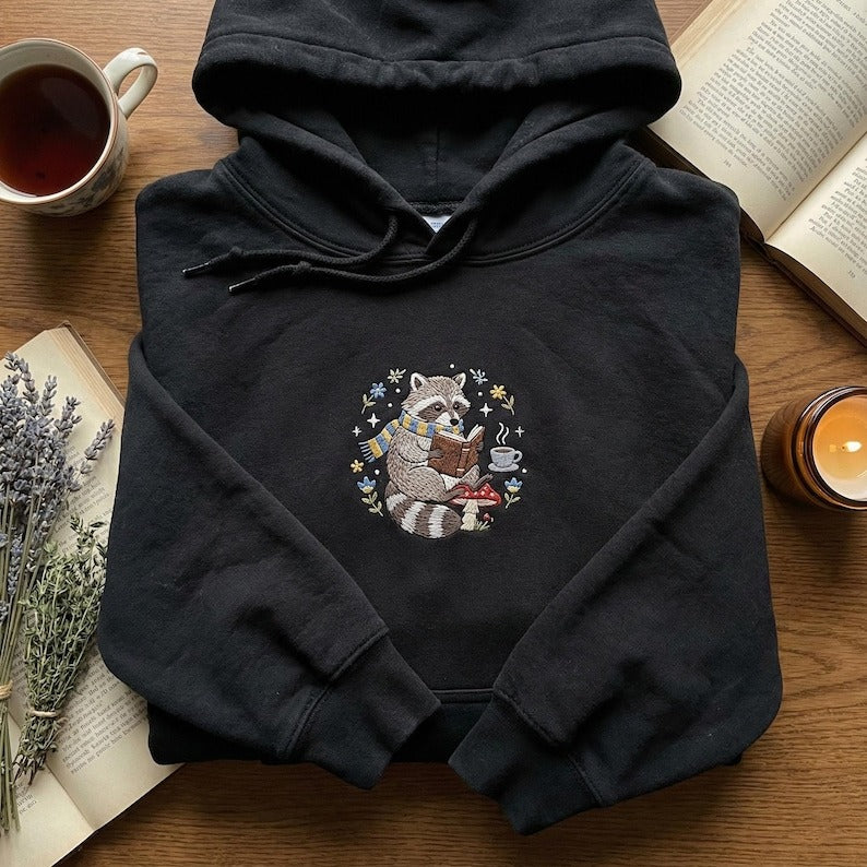 Embroidered Reading Raccoon Sweatshirt, Bookish Animal Hoodie, Scarf Trash Panda Crewneck, Cute Reader Gift, Woodland Shirt