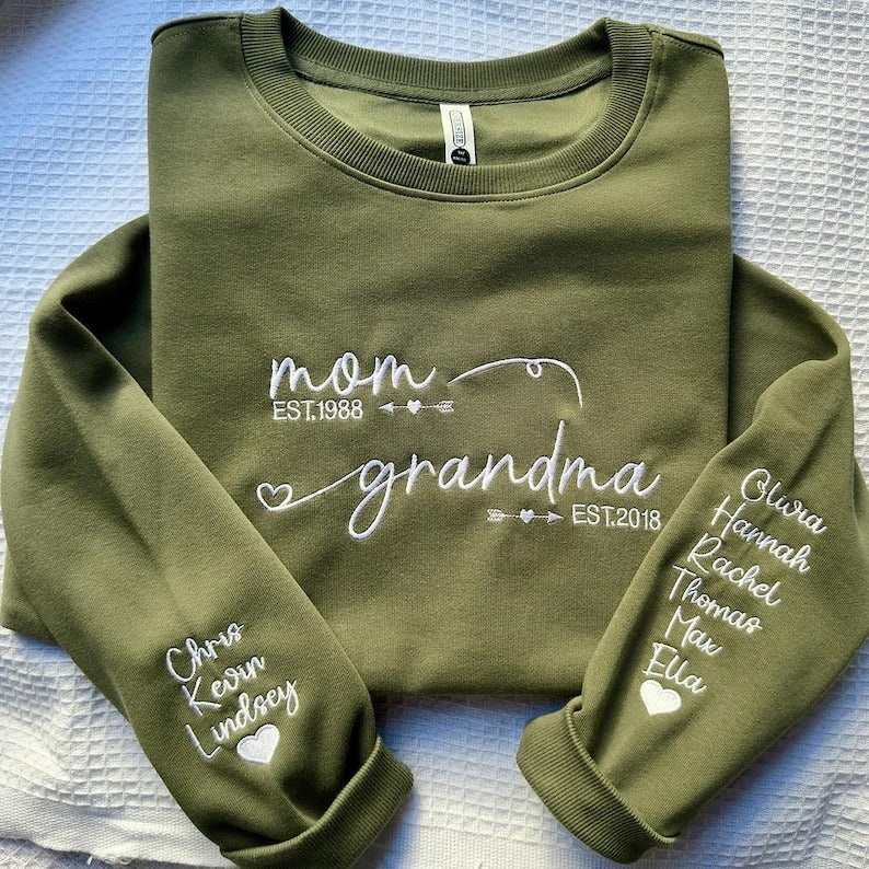 Custom Embroidered From Mom to Grandma Sweatshirt with Kids Names on Sleeves, Grandma Sweater, Custom Mom Est Year