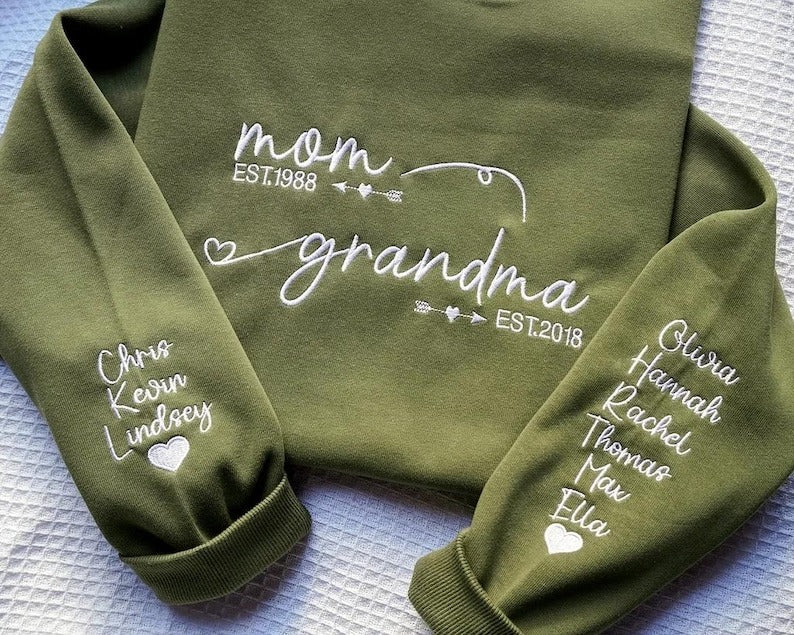 Custom Embroidered From Mom to Grandma Sweatshirt with Kids Names on Sleeves, Grandma Sweater, Custom Mom Est Year