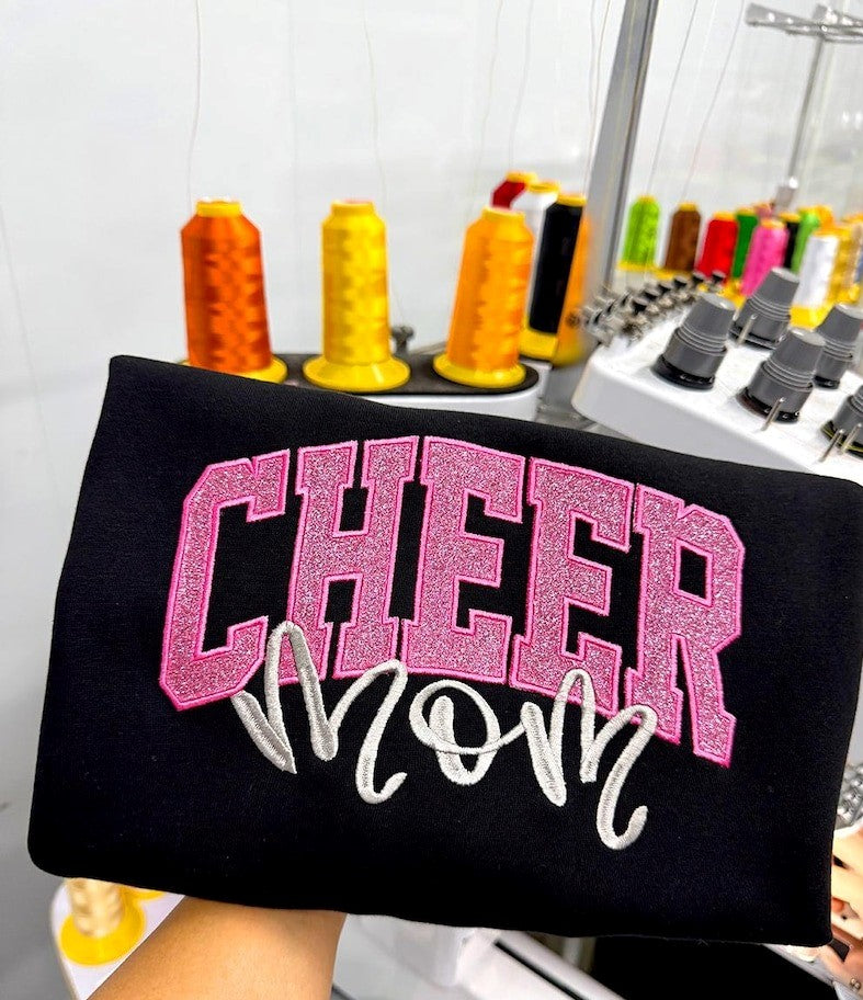 Custom Glitter Embroidered Cheer Mom Sweatshirt, Personalized Name & Bow