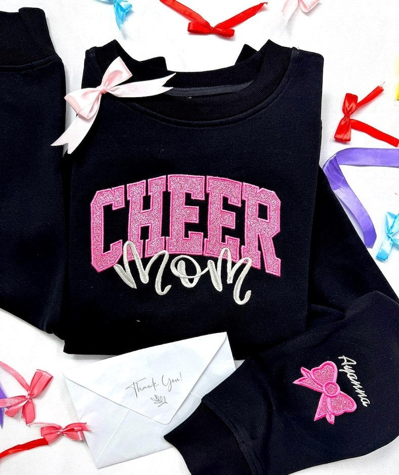 Custom Glitter Embroidered Cheer Mom Sweatshirt, Personalized Name & Bow