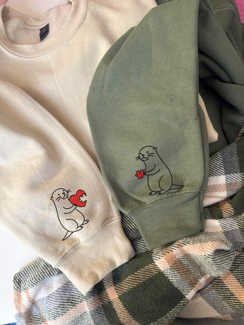 Embroidered Otter Sweatshirt, Valentines Day, Funny Couple Crewneck, Custom Embroidery On Sleeve, Couple's Shirt, Anniversary Gift