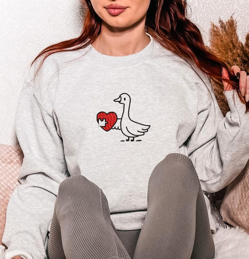 Embroidered Matching Goose Valentines Sweatshirt, Custom Cute Couples Gift, Embroidered Hoodie for Valentine's Day Celebration, Funny Gift
