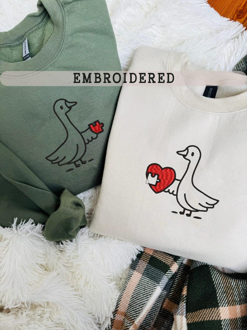 Embroidered Matching Goose Valentines Sweatshirt, Custom Cute Couples Gift, Embroidered Hoodie for Valentine's Day Celebration, Funny Gift