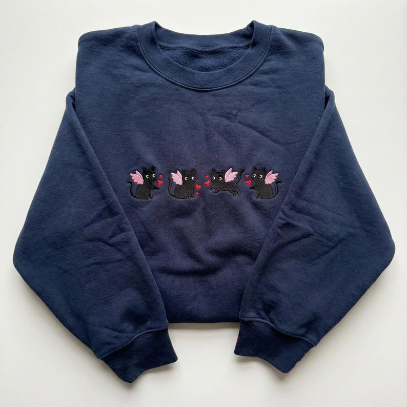 Embroidered Black Cat Cupid Sweatshirt, Kitty Love Arrow Crewneck, Funny Valentine's Day Gift for Cat Mom, Jumper