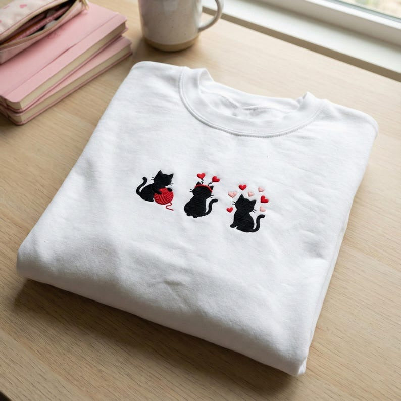 Embroidered Black Cats in Love Sweatshirt, Valentine's Day Kitten Crewneck, Cat Mom Gift, Heart and Yarn Sweater