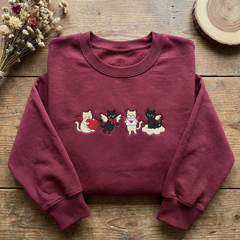 Embroidered Cupid Cats Sweatshirt, Angel Kitten Valentine Crewneck, Heart and Cloud Jumper, Cat Lover Gift for Her