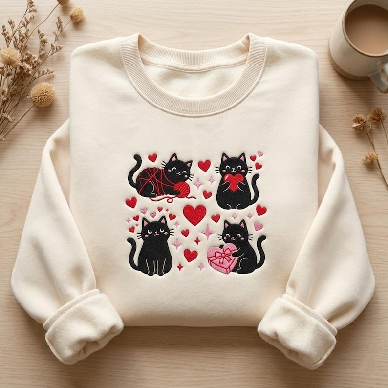 EMBROIDERED Valentine Cat Sweatshirt, Valentines Day Cat Shirt, Cat Mama Hoodie, Valentine Day Sweater, Valentines Day Meow Tee, Cat Mom Tee