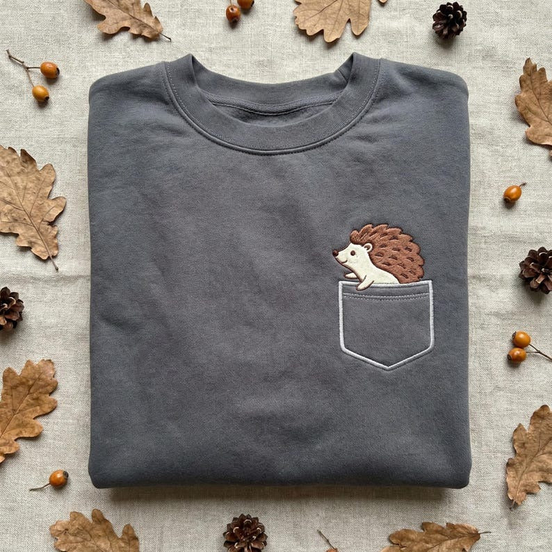 Hedgehog Pocket Embroidered Sweatshirt, Cute Woodland Animal Design, Hedgehog Lover Gift Crewneck, Nature Themed Top, Small Animal Apparel
