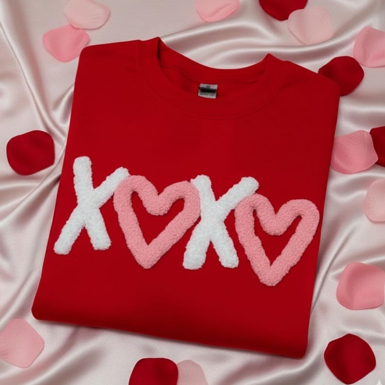 XOXO Yarn Embroidered Sweatshirt, Couples Valentine Gift, Chenille Heart Sweater, Custom Anniversary Gift, Chunky Letter Shirt