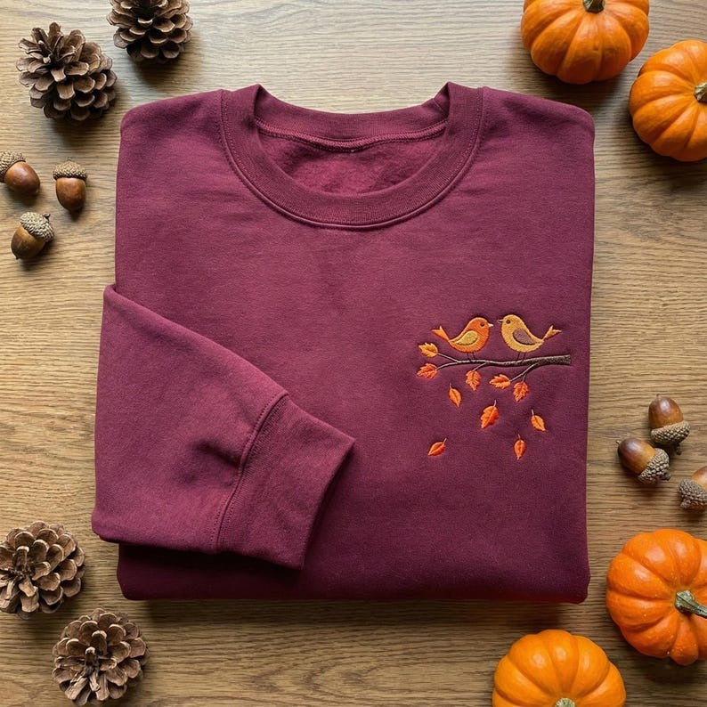 Autumn Bird Embroidered Sweatshirt, Fall Bird Watching Crewneck, Cute Nature Lover Gift, Thanksgiving Fall Leaves Sweater